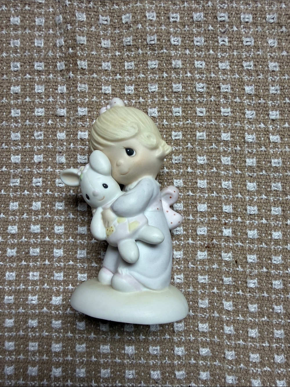 1977 Precious Moments Girl Figurine Hugging Bunny in Cream and Pink Accents